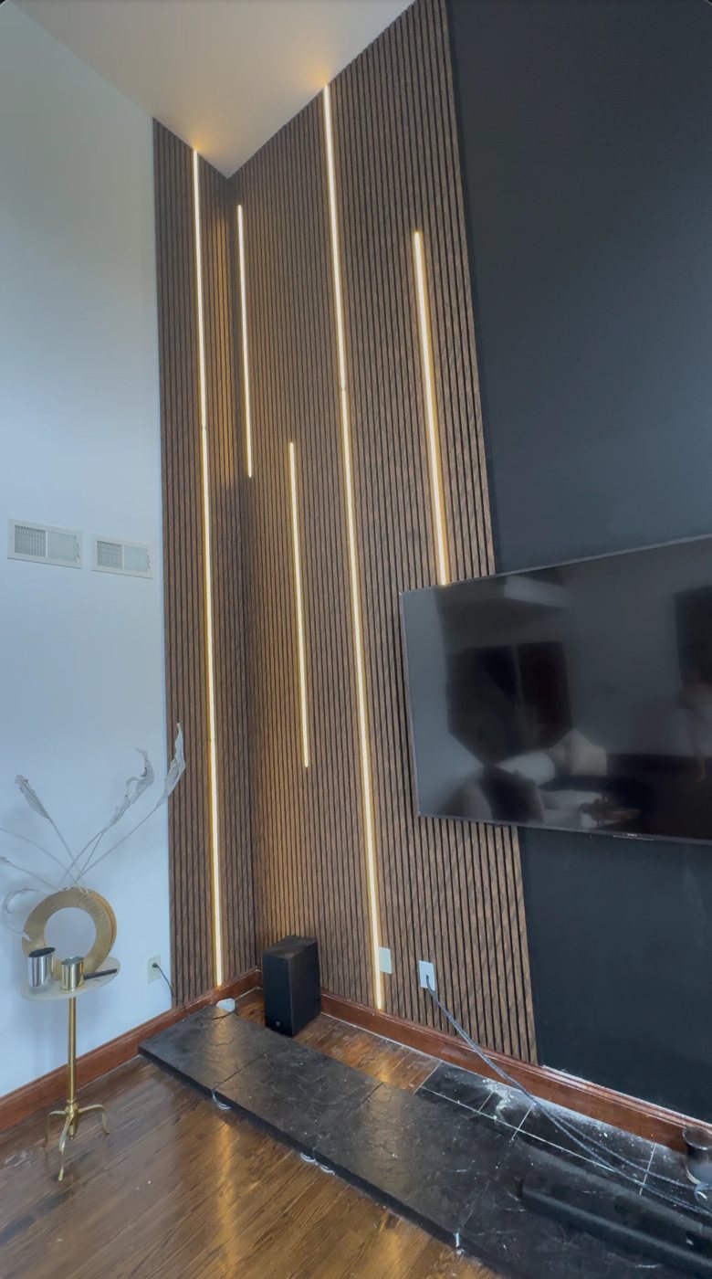 Customer install photo - walnut acoustic slat wall