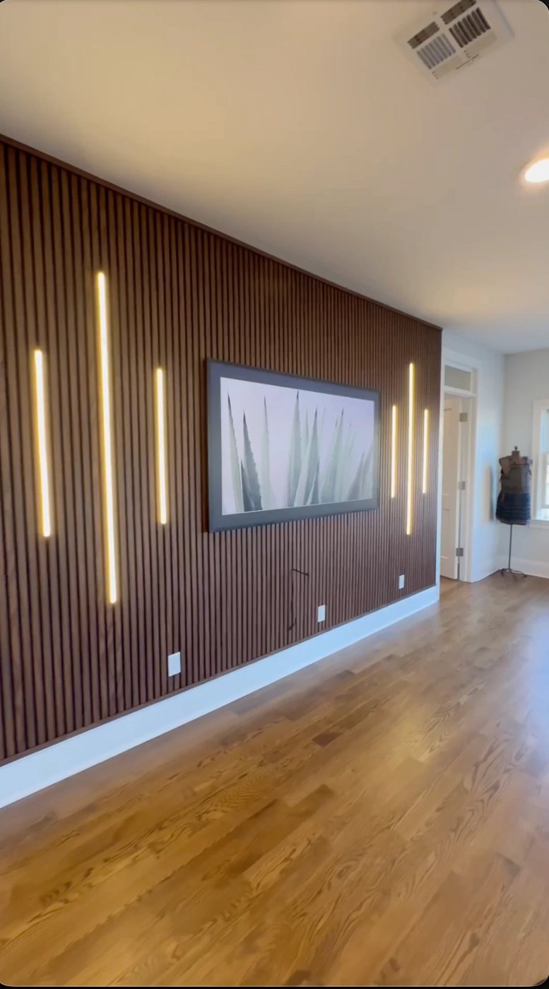 Customer install photo - walnut slat feature wall